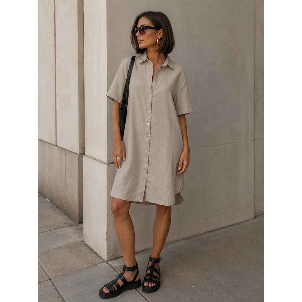 James Perse Sz S Linen Shirtdress Tan Coastal Breathable Office Casual Breezy